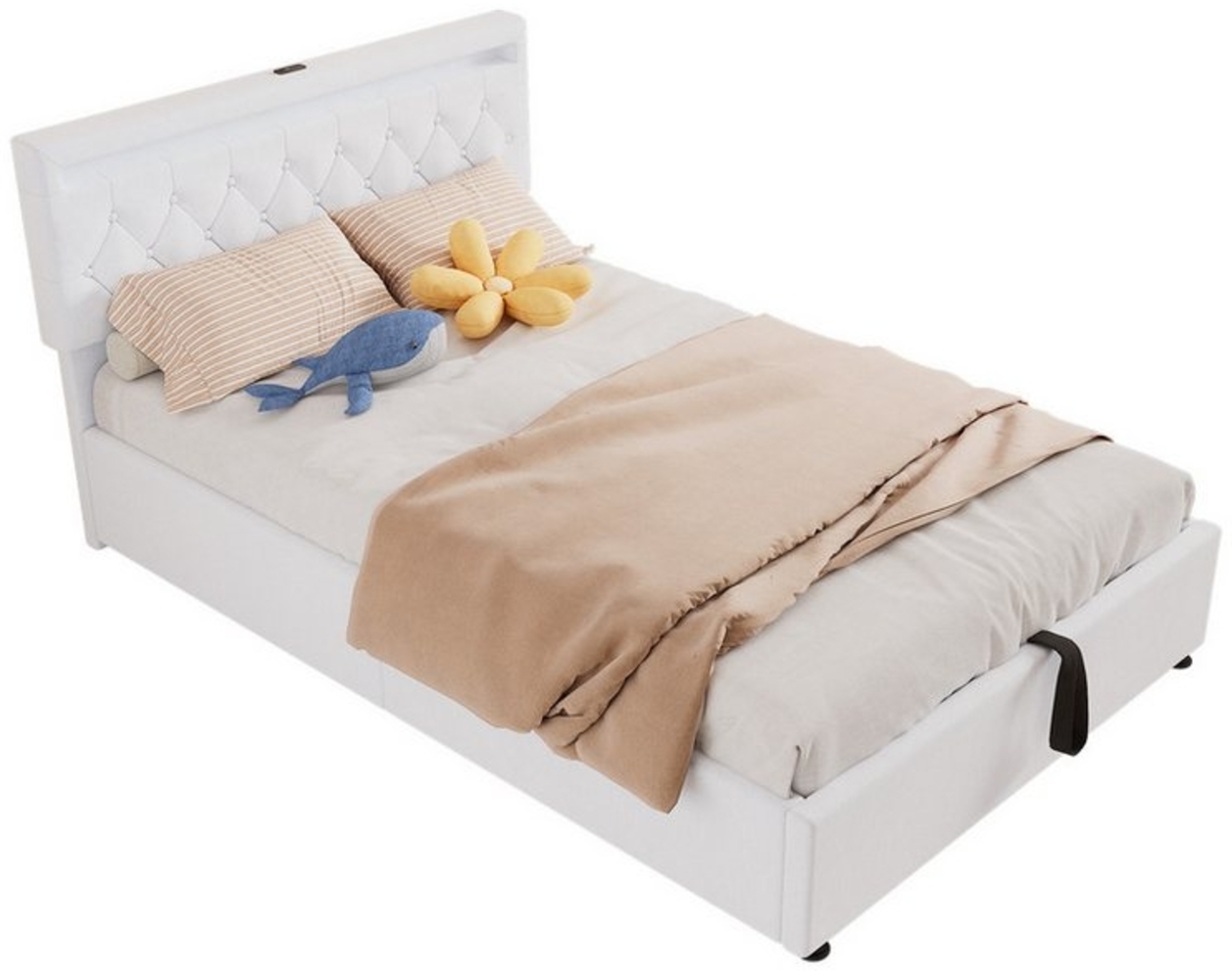 TavilaEcon Boxspringbett Polsterbett mit Bettkasten, höhenverstellbares Kopfteil, Leinen-Bezug (Ohne Matratze), LED-Beleuchtung, USB- und Typ-C-Steckdose, 140×200 cm, Weiß Bild 1