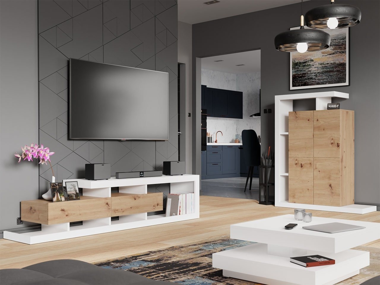 Wohnzimmer-Set Lofor (Farbe: Weiß / Wotan) Bild 1