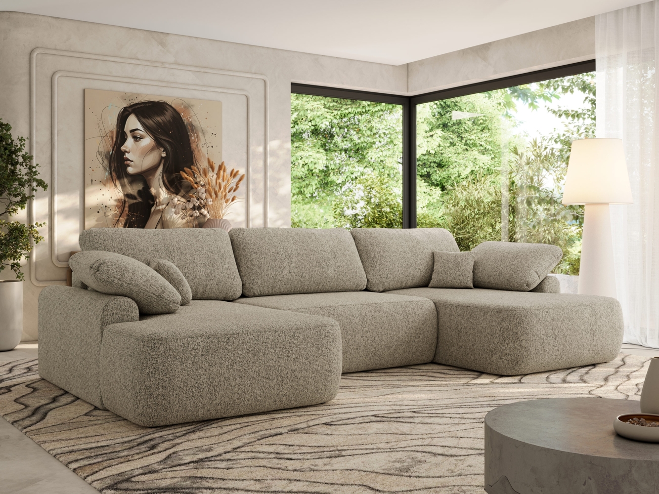 U-förmige Ecke, Ecksofa mit schlaffunktion und bettkasten, lose kissen, Wellenfeder, Big sofa XXL - CUBO U - Dunkelbeige Struktur Bild 1