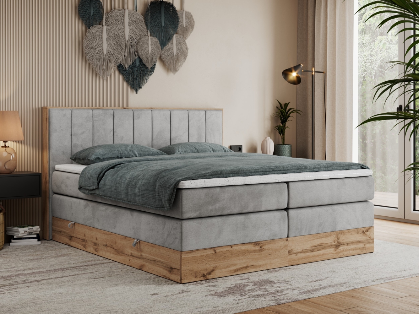 Boxspringbett BELLISSIMO KING, Doppelbett mit Multipocket-Matratze, Polsterbett mit Kopfstütze - 200x200 cm - Hellgrau Velvet - H4 Bild 1