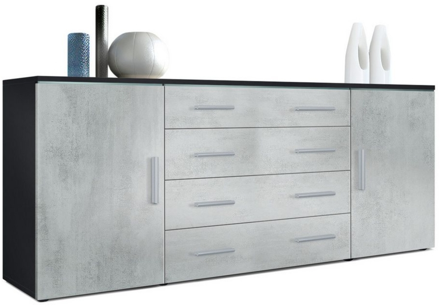 Vladon Sideboard Faro V2, Kommode mit 2 Türen und 4 Schubladen, Schwarz matt/Beton Oxid Optik (166 x 72 x 35 cm) Bild 1