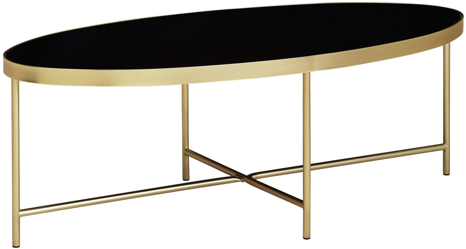 Design Couchtisch Glas Schwarz - Oval 110x56 cm mit Gold Metallgestell, Großer Wohnzimmertisch, Lounge Tisch Glastisch Bild 1