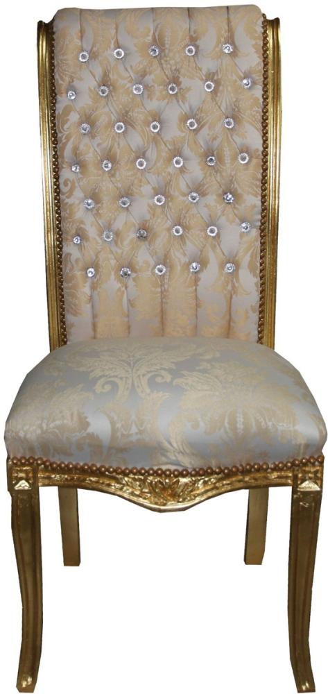 Casa Padrino Barock Hochlehner Esszimmer Stuhl Creme Muster / Gold mit Bling Bling Glitzersteinen - Barock Möbel Bild 1