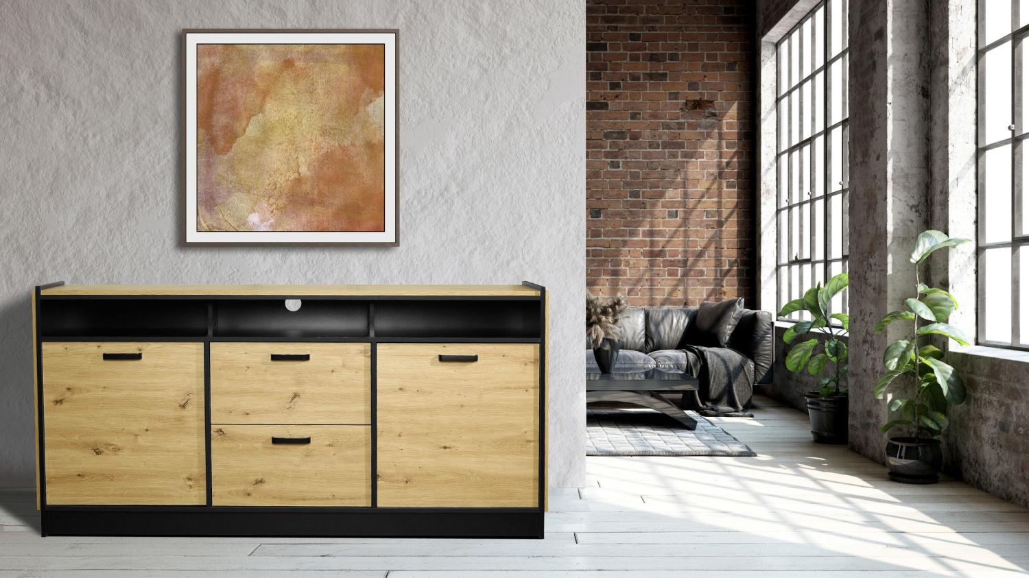 Kommode Karia 180 cm Anbauwand Schrankwand Esszimmer Sideboard Artisan + Schwarz Bild 1