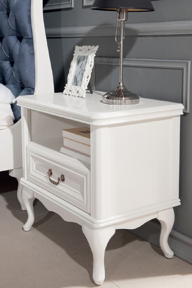 Casa Padrino Luxus Jugendstil Nachtkommode Weiß 64 x 42,5 x H. 63,1 cm - Eleganter Massivholz Nachttisch mit Schublade - Barock & Jugendstil Schlafzimmer Möbel Bild 1