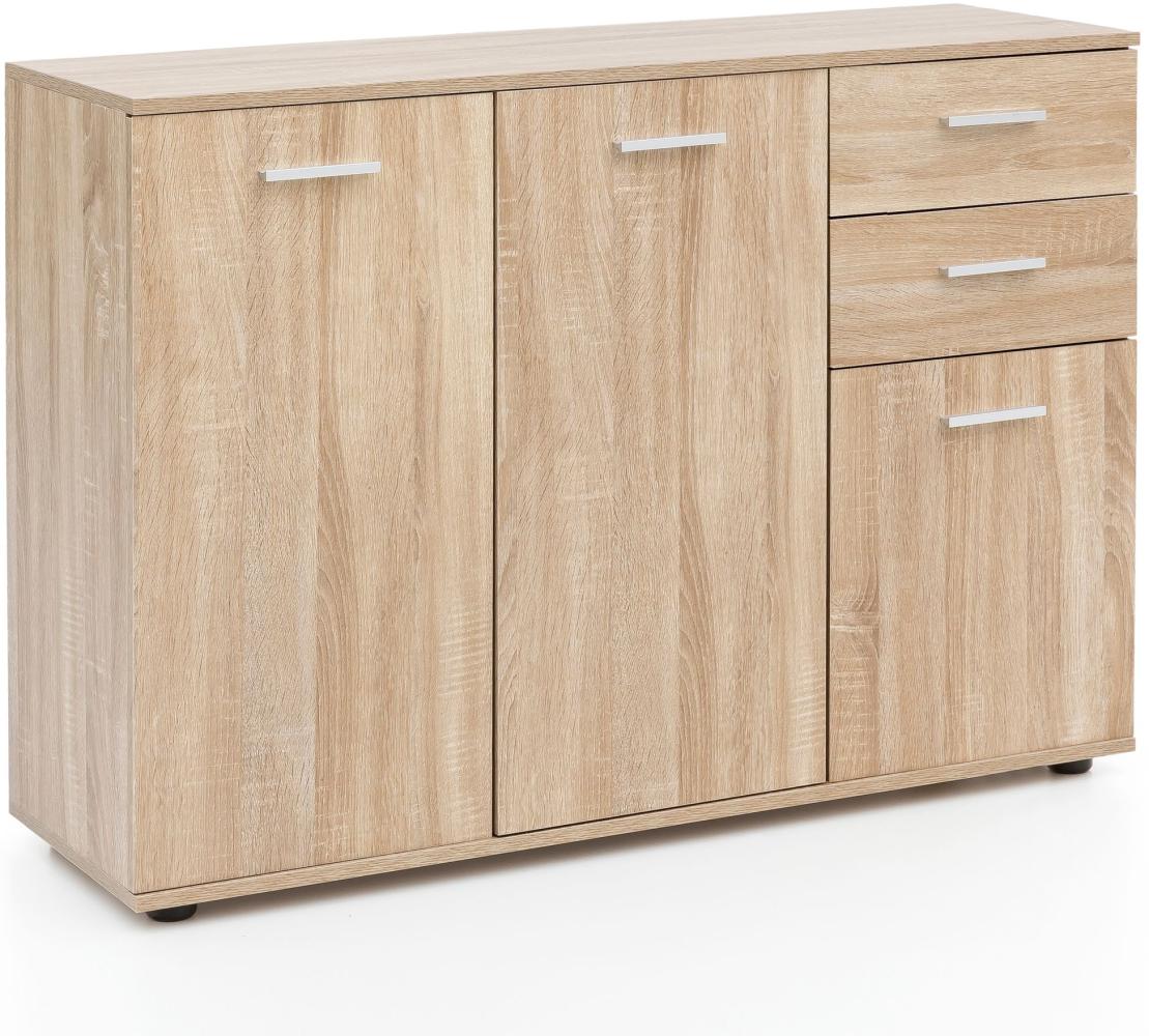 Kadima Design Holz Kommode "Itter": 3 Türen & 2 Schubladen, Modern, Viel Stauraum, Melaminharz-Beschichtung. Beige, 107x35x79 cm Bild 1