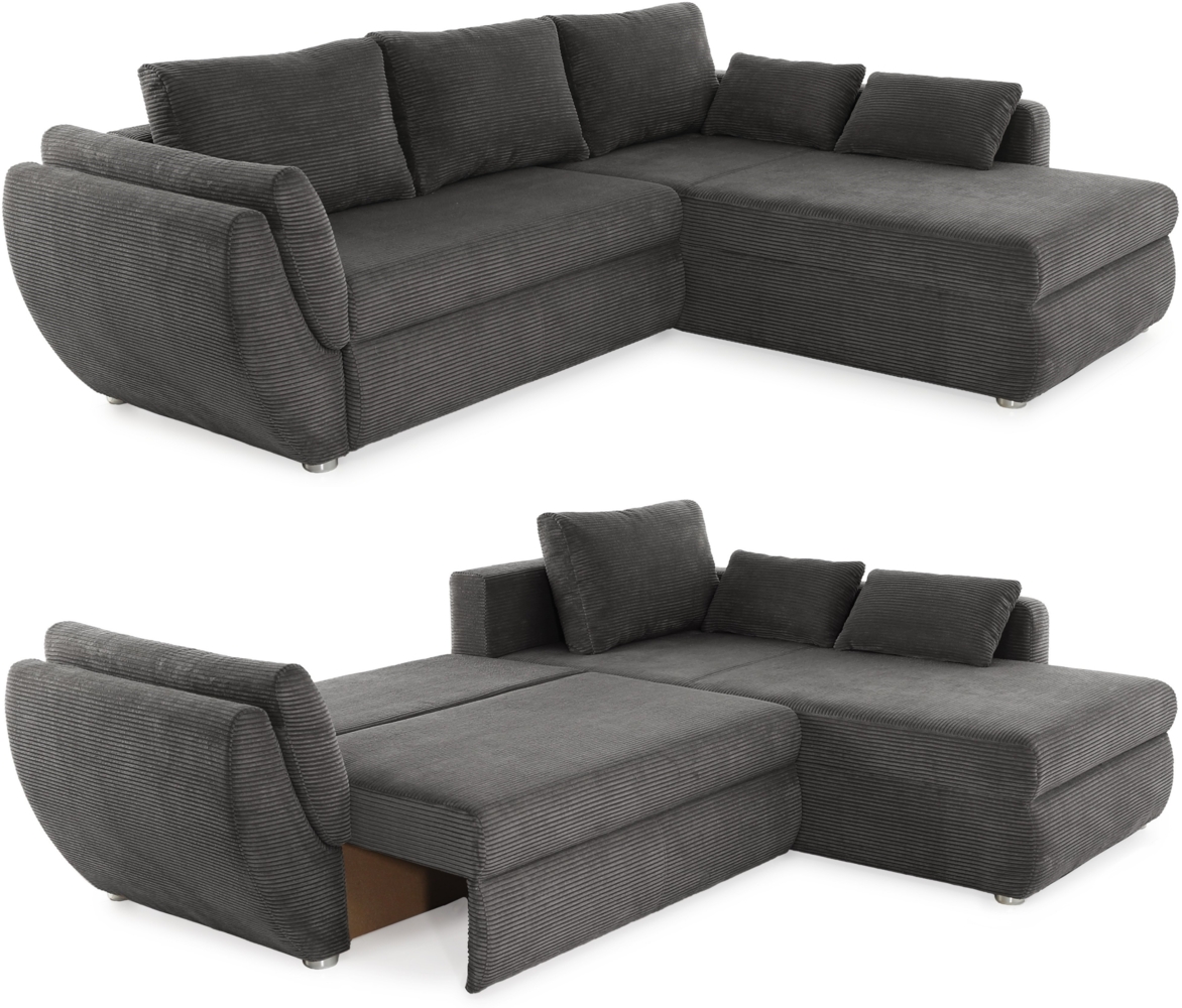 ECKSOFA mit Schlaffunktion und Bettkasten, seitenverkehrt montierbar B272/T200/H88 cm, Liegefläche 128x224 cm, Cord Grau Anthrazit Bild 1