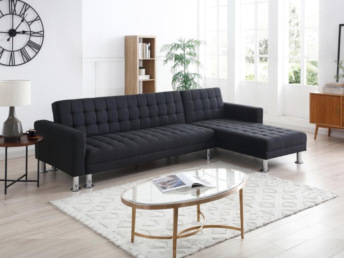 Vente-unique - Ecksofa mit Schlaffunktion - Ecke wechselbar - Stoff - Schwarz - WILLIS II Bild 1