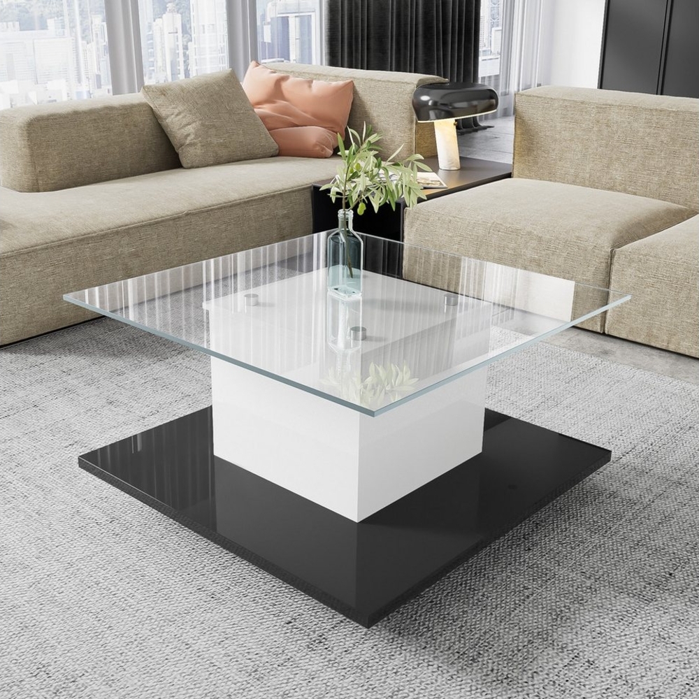 Refined Living Couchtisch Couchtisch aus Hochglanzglas Wohnzimmertisch mit LED-Beleuchtung (Sofatisch Wohnzimmertisch Quadratischer Couchtisch 1 Artikel 80×80×40 cm, 1-St, mit Schwenkrädern Hochglanzoberfläche Hochwertige Glasplatte), mit einstellbarem... Bild 1