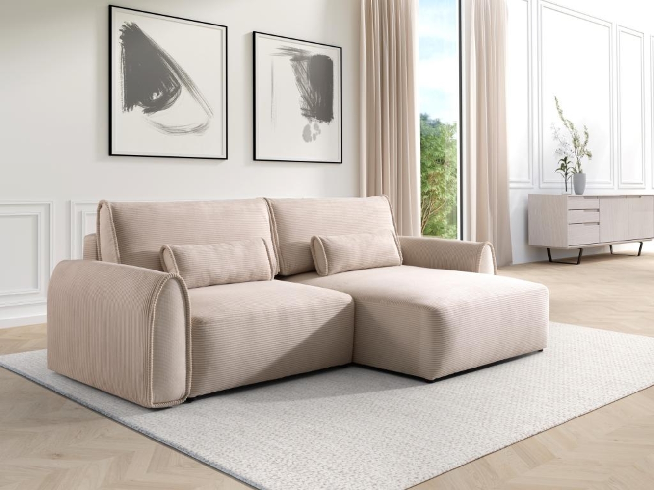 Vente-unique - Ecksofa mit Schlaffunktion - Ecke wechselbar - Cord - Beige - RISTANO Bild 1