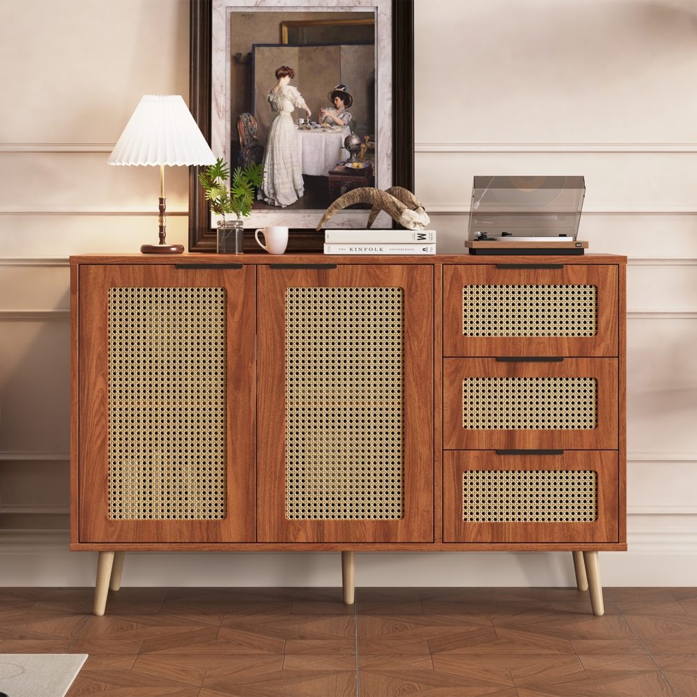 Merax Vintage Rattan Sideboard mit 2 Türen und 3 Schubladen, ausgestattet mit schwarzen Griffen für Esszimmer, Küche und Wohnzimmer (Nussbaum) Bild 1