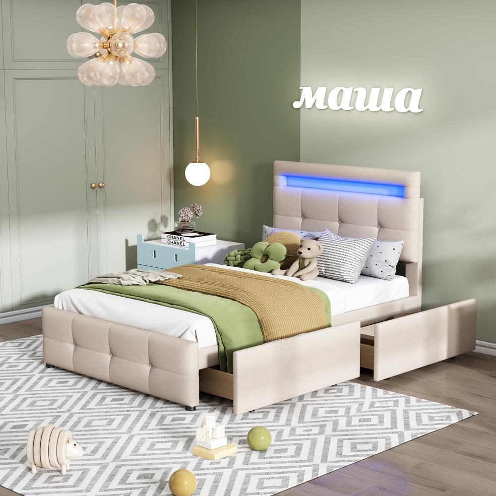 Merax Polsterbett 90*200cm mit LED-Leuchten, 2 Schubladen, hautfreundlicher Leinenpolsterung flach Einzelbett Kinderbett Jugendbett Gästebett (Beige) Bild 1