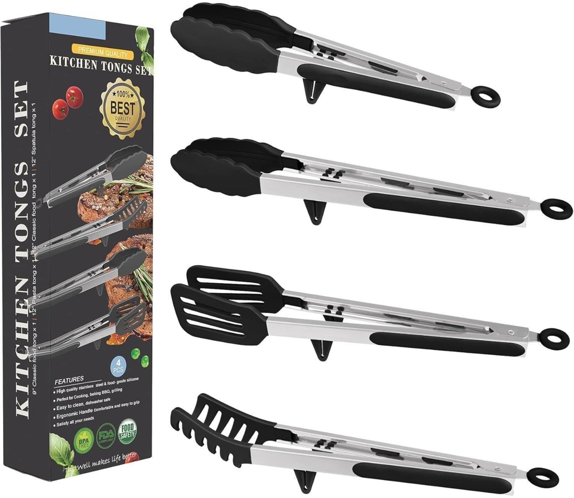 4er Aschef Grillzange Set Silikon Edelstahl BPA-frei BBQ Buffet Bild 1