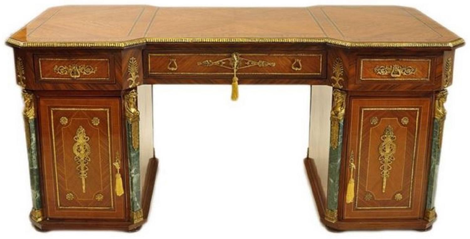 Casa Padrino Barock Massivholz Schreibtisch Braun / Grün / Gold - Prunkvoller Bürotisch im Barockstil - Handgefertigte Barock Büro Möbel Bild 1