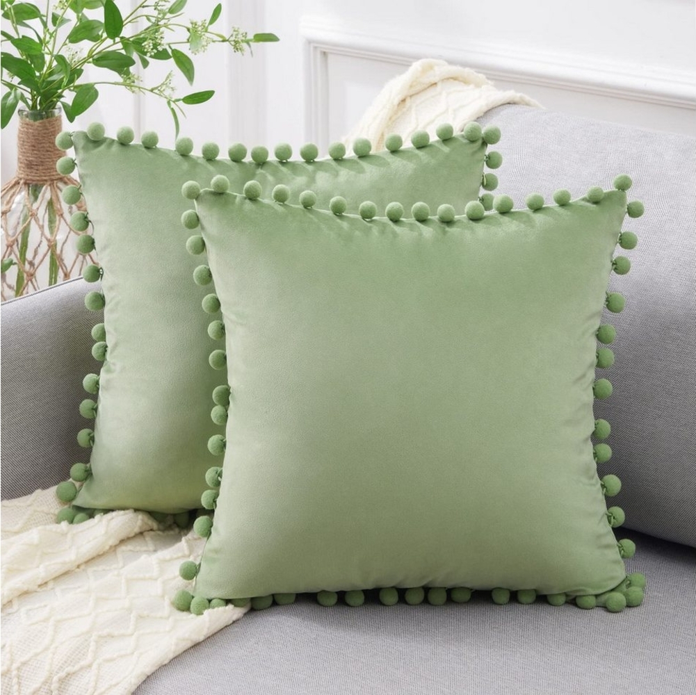 Powerwill Kissenbezug Samt Kissen mit Pompoms Einfarbig Kissenbezüge Dekorative, (2 Stück), Kissenhülle Sitzkissen Dekokissen für Sofa Schlafzimmer Büro Auto Bild 1