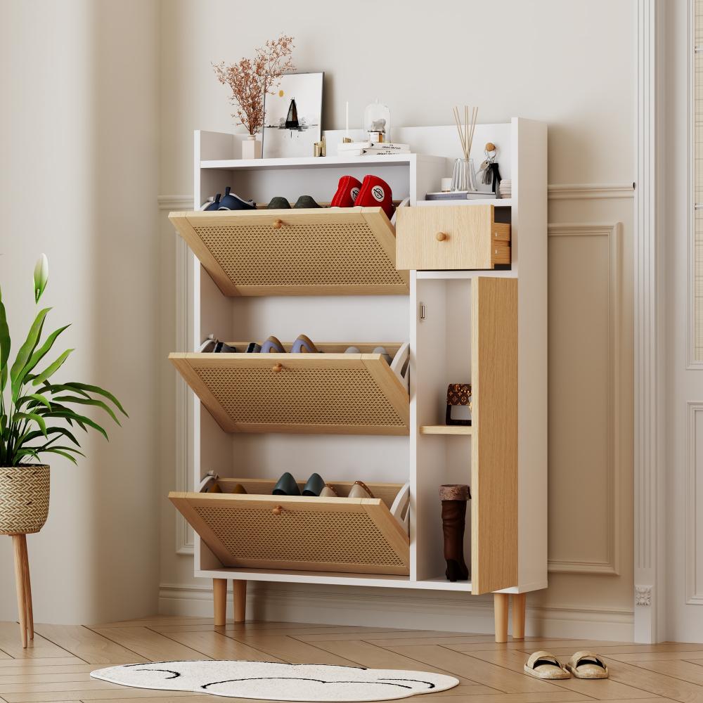 Merax Schmal Schuhschrank mit 3 Klappen, Rattan Schuhschrank Schuhkipper mit Schublade und Tür, Schuhkommode mit Verstellbarer Ablage, Weiß Bild 1