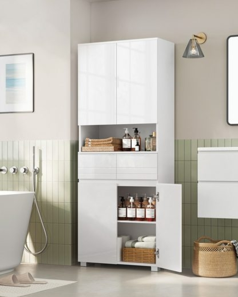 VASAGLE Badschrank, mit 2 Schubladen, verstellbare Ablagen, offenes Fach, MDF Weiß, 30 x 60 x 170 cm Bild 1