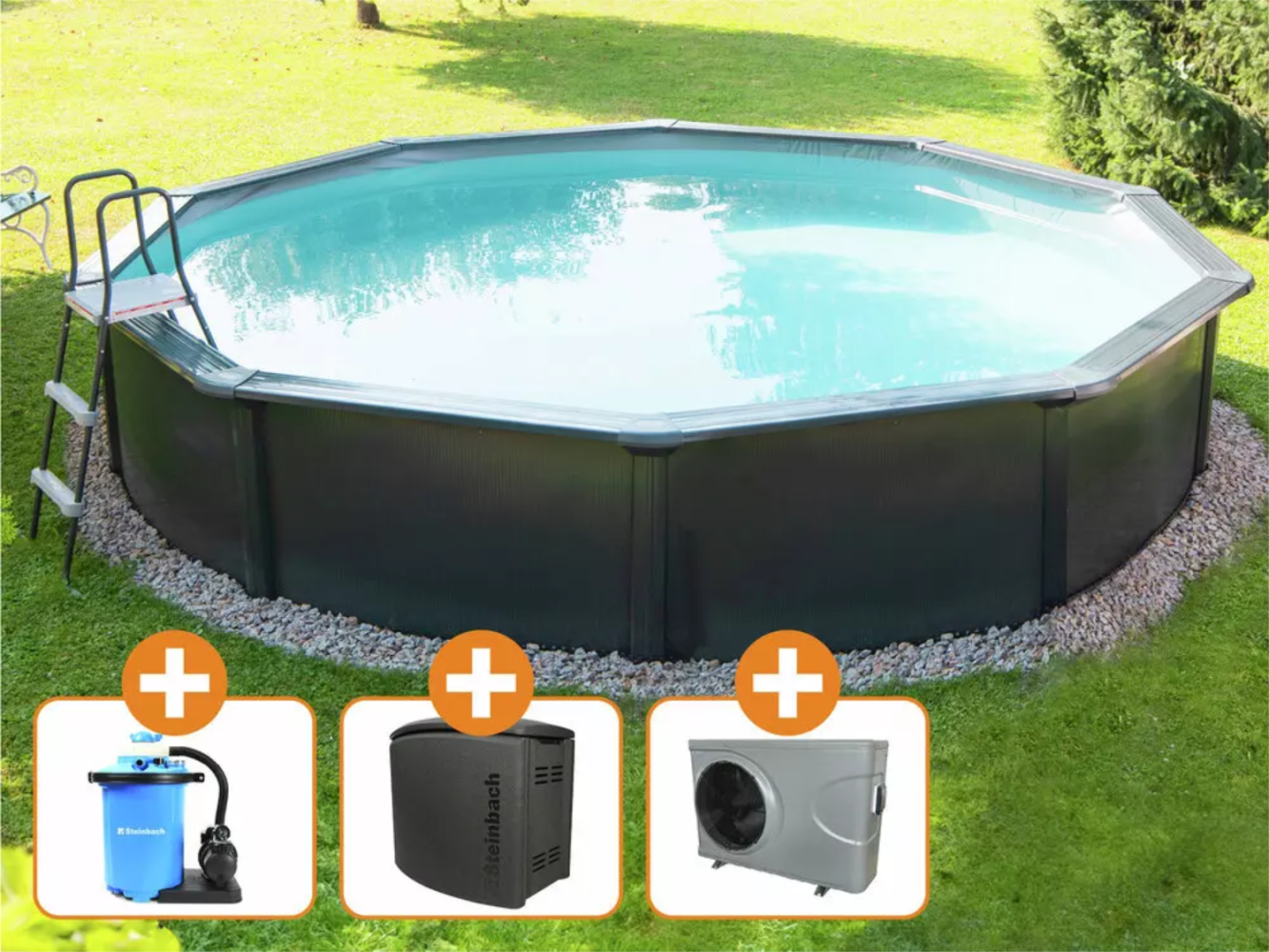 Steinbach Aktionsangebot Stahlwand Swimming Pool Set "Nuovo de Luxe", anthrazit / silbergrau, Ø 550 x 120 cm,Zubehörset L (inkl. Filteranlage, Pooltechnikbox und Wärmepumpe) Bild 1