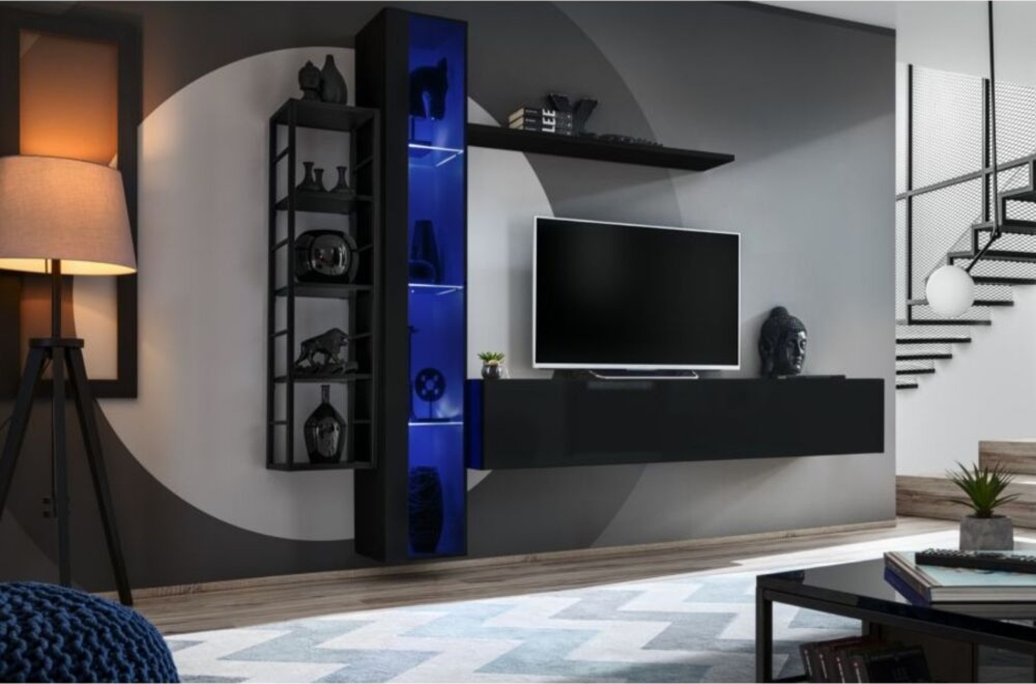 99rooms Swotch Met VII Wohnwand Schwarz Hochglanz Schwarz Matt Schwarz Bild 1