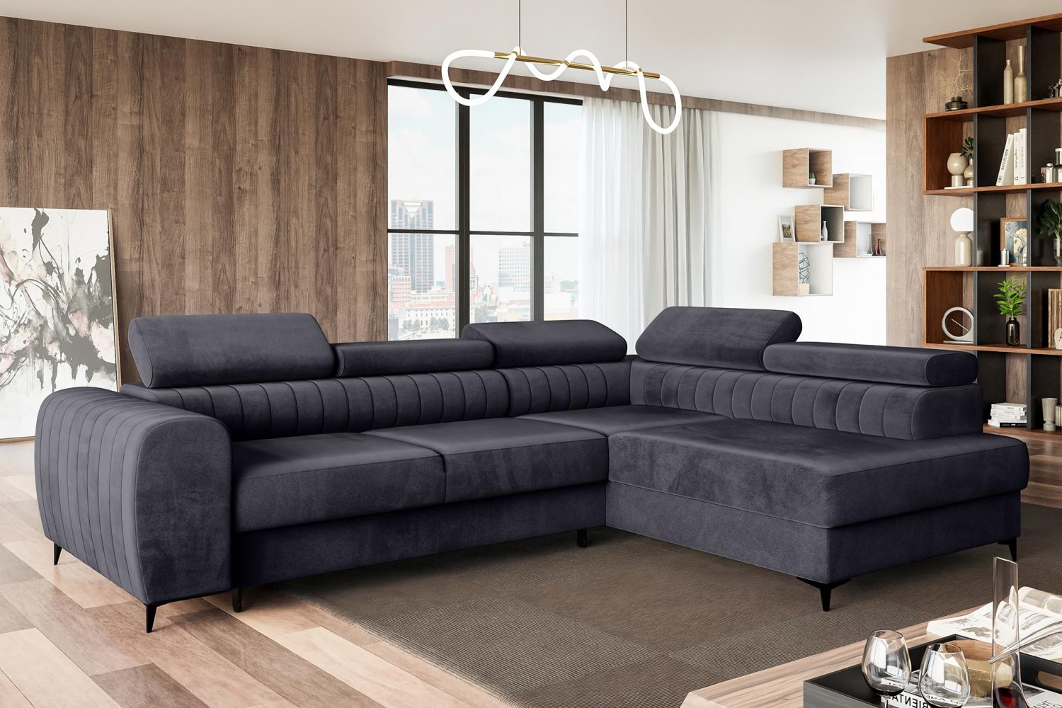 MEBLINI Schlafcouch mit Bettkasten - PORTO - 269x204x72cm Rechts – Dunkelgrau Samt - Ecksofa mit Schlaffunktion - Sofa mit Relaxfunktion und Kopfstützen - Couch L-Form - Eckcouch - Wohnlandschaft Bild 1