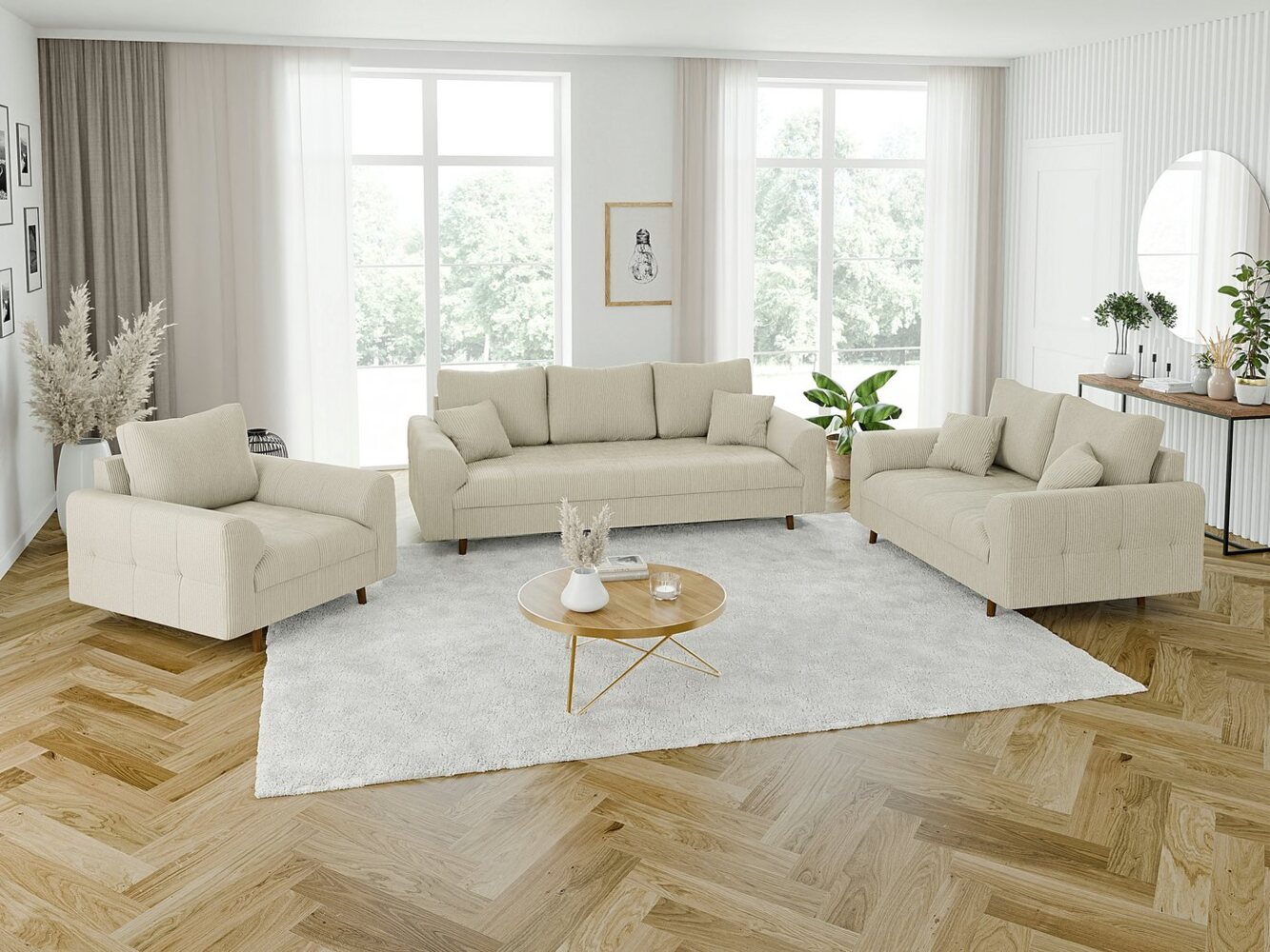 S-Style Möbel Polstergarnitur 3+2+1 Zara mit Braun Holzfüßen im skandinavischen Stil aus Cord-Stoff, (1x 3-Sitzer-Sofa, 1x 2-Sitzer-Sofa, 1x Sessel), mit Wellenfederung Bild 1