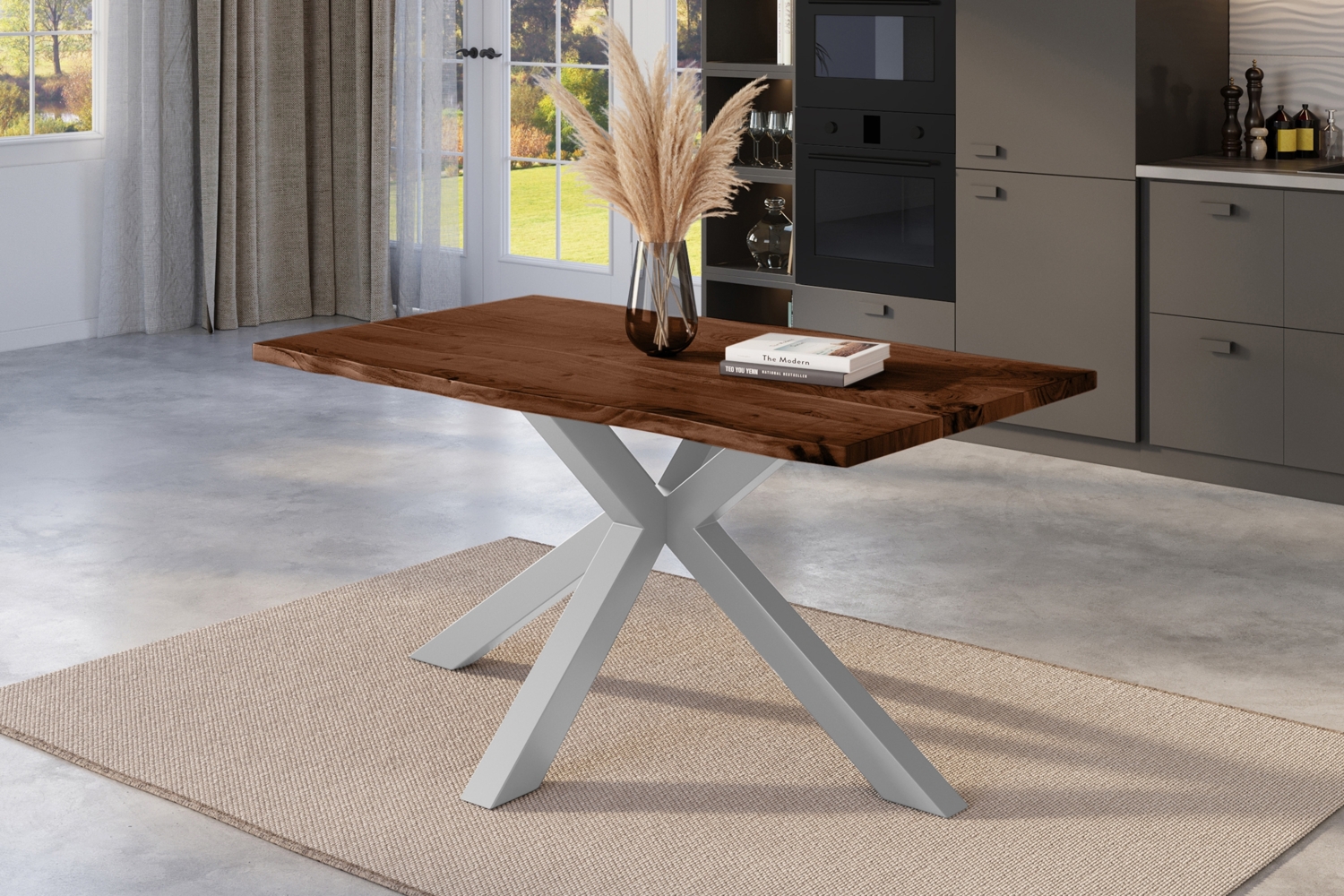 Esstisch Baumkante massiv Akazie nussbaum 140 x 80 cm Spider-Gestell silber Kalea 77144564 Bild 1