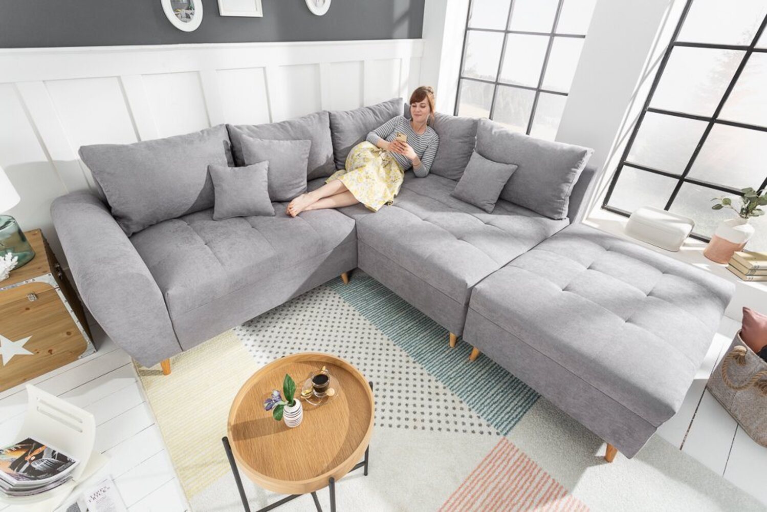 riess-ambiente Ecksofa SCANDINAVIA 250cm hellgrau / natur · Wohnlandschaft inkl. Hocker, Set 2 Teile, L-Form · Ottomane rechts · Microvelours · Holz-Füße · inkl. Kissen Bild 1