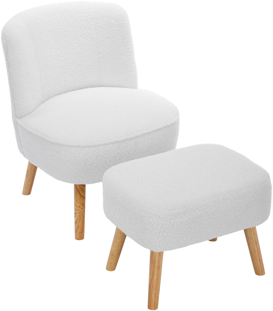 Merax Loungesessel mit hocker, Sessel ohne Armlehnen, gepolsterte Sitzfläche, Teddy-Samtstoff, Beine aus Massivholz, weiß Bild 1