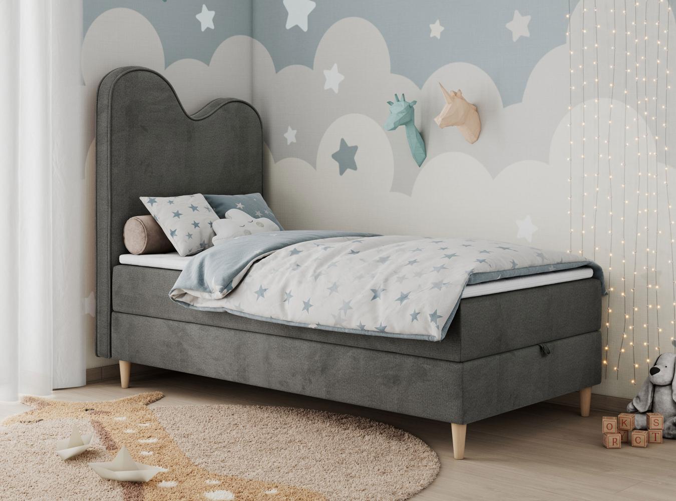 Kinderbett FLOW, Boxspringbett für Kinder, mit hohem Kopfteil, Einzelbett mit Matratze - 90x180 - Dunkelgrau Velvet - Topper T25 Bild 1