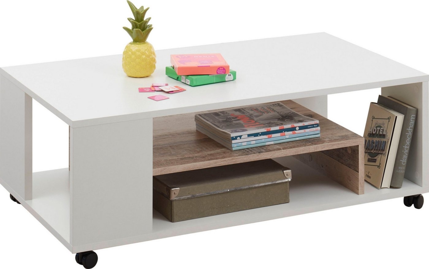 BOLOGNA Moderner Couchtisch auf Rollen in Weiß, Old Style Optik - mobiler Sofatisch mit Ablage für Ihren Wohnbereich - 108 x 40 x 60 cm (B/H/T) Bild 1