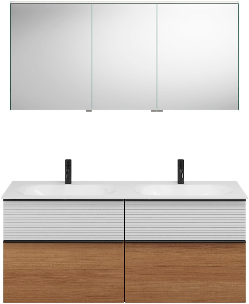 Burgbad FIUMO Waschtisch Set mit Spiegelschrank 142 cm breit, Weiß/Braun, Doppelwaschbecken Gussmarmor Weiß, 4 Schubladen, Anschlag links Bild 1