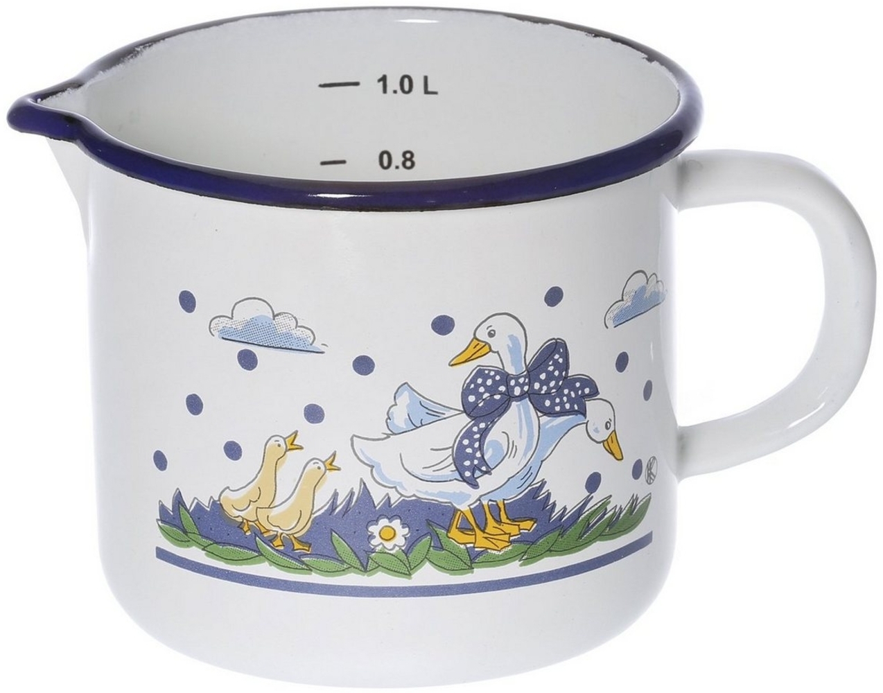 Milchtopf GÄNSEGLÜCK 1,0 Liter mit Ausguss und Skala, Emaille weiß mit Blumenmotiv Bild 1