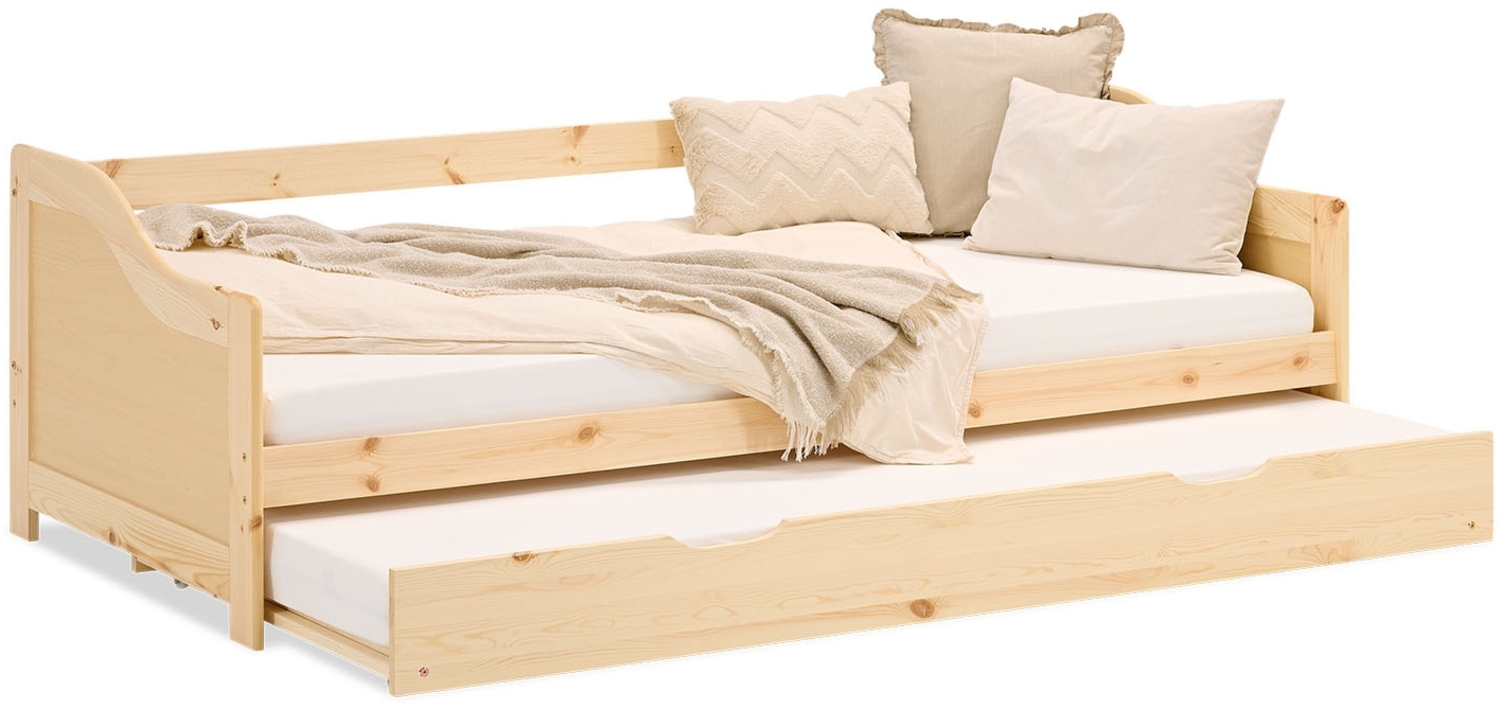 Homestyle4u Holzbett, 90x200 cm, integriertes ausziehbares Gästebett, Kiefernholz natur Bild 1
