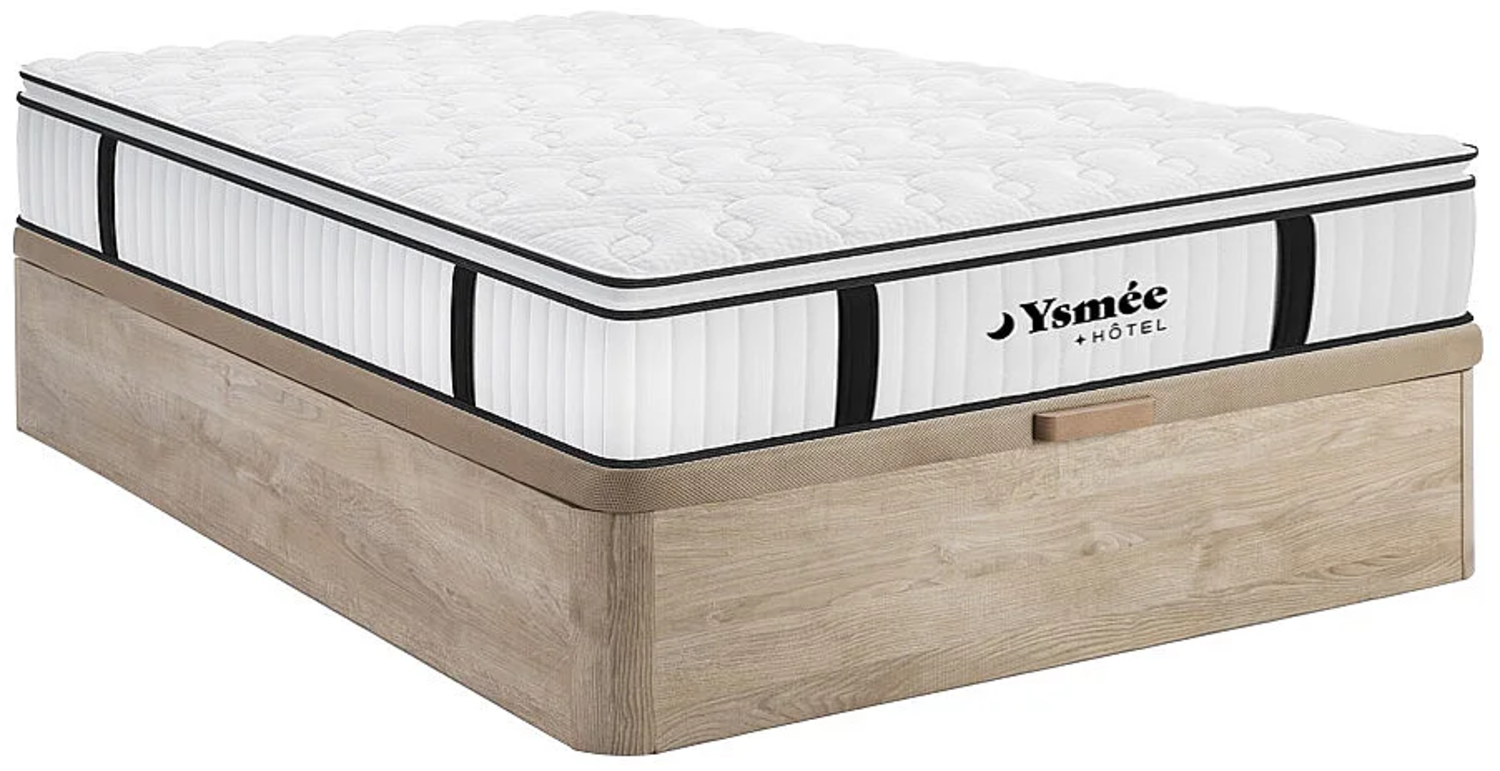 Vente-unique - Set aus Bettgestell mit Bettkasten + Taschenfederkernmatratze feuerfest & Topper - 160 x 200 cm - Stärke 28 cm - Holzfarben hell - DELICE von YSMÉE HÔTEL Bild 1