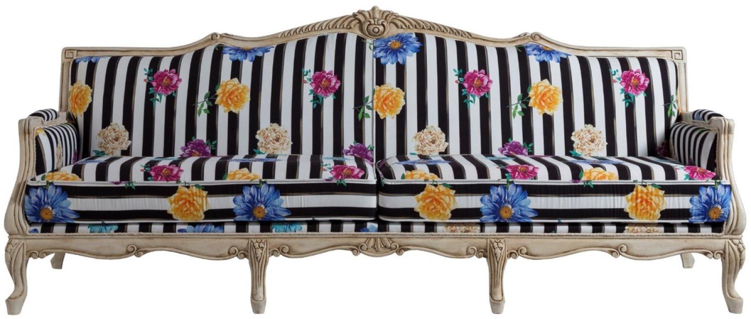 Casa Padrino Luxus Barock Sofa Schwarz / Weiß / Mehrfarbig / Antik Cremefarben 245 x 80 x H. 100 cm - Gestreiftes Barockstil Sofa mit Blumenmuster - Barock Wohnzimmer Möbel Bild 1