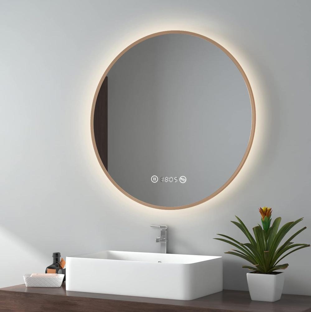 EMKE LED Badspiegel ф70cm Gebürstetem Goldrahmen, Beschlagfrei, Uhr, Temperatur, Dimmbar, Memory-Funktion Neutrales Licht Wandspiegel Bild 1