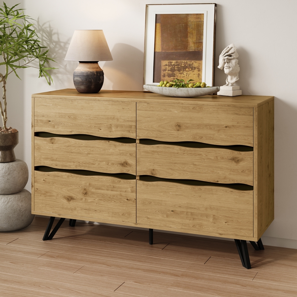Sideboard 120x40x75,5 cm, 6 Schubladen – Holzoptik mit wellenförmigen Fronten und schwarzen Metallfüßen Bild 1