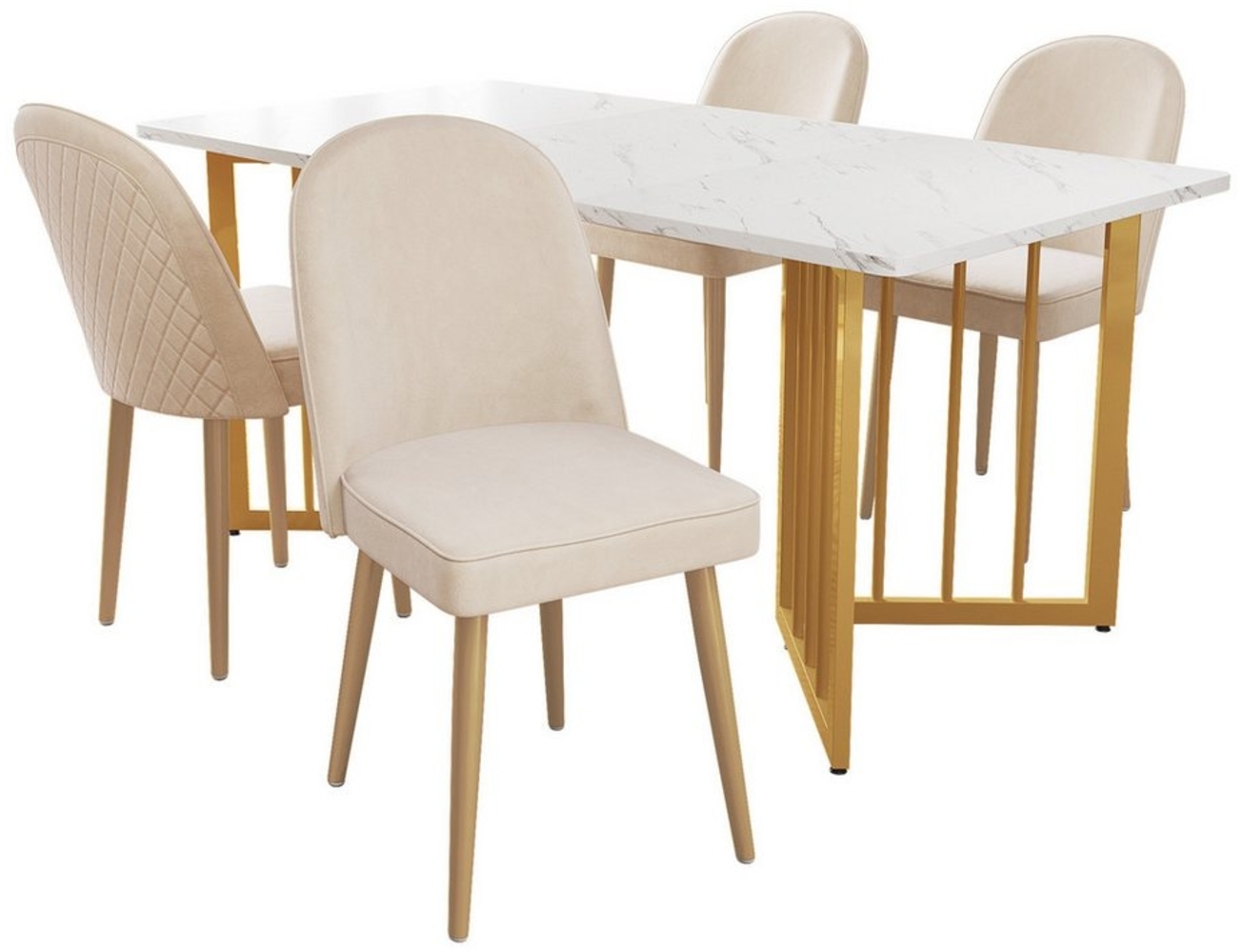 Tongtong Essgruppe moderner Küchentisch Set, MDF Tischplatte, Samt Stuhl mit Eisenbeinen, (geeignet für Esszimmer und Wohnzimmer, 5-tlg), 140x80cm Esstisch mit 4 Stühlen Set, Beige Bild 1