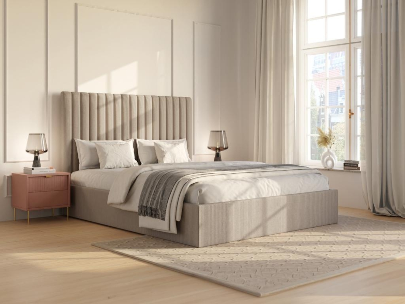 Vente-unique - Bett mit Bettkasten - 160 x 200 cm mit Kopfteil mit vertikalen Ziernähten - Cord - Beige - SARAH Bild 1