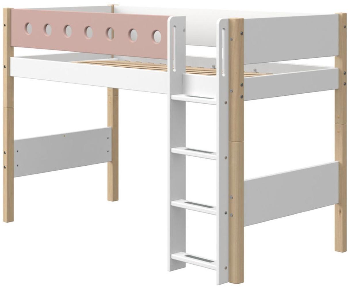 FLEXA White Mittelhochbett mit gerader Leiter 90x190 cm Weiß / Natur / Rosa 80-17325-75 Bild 1