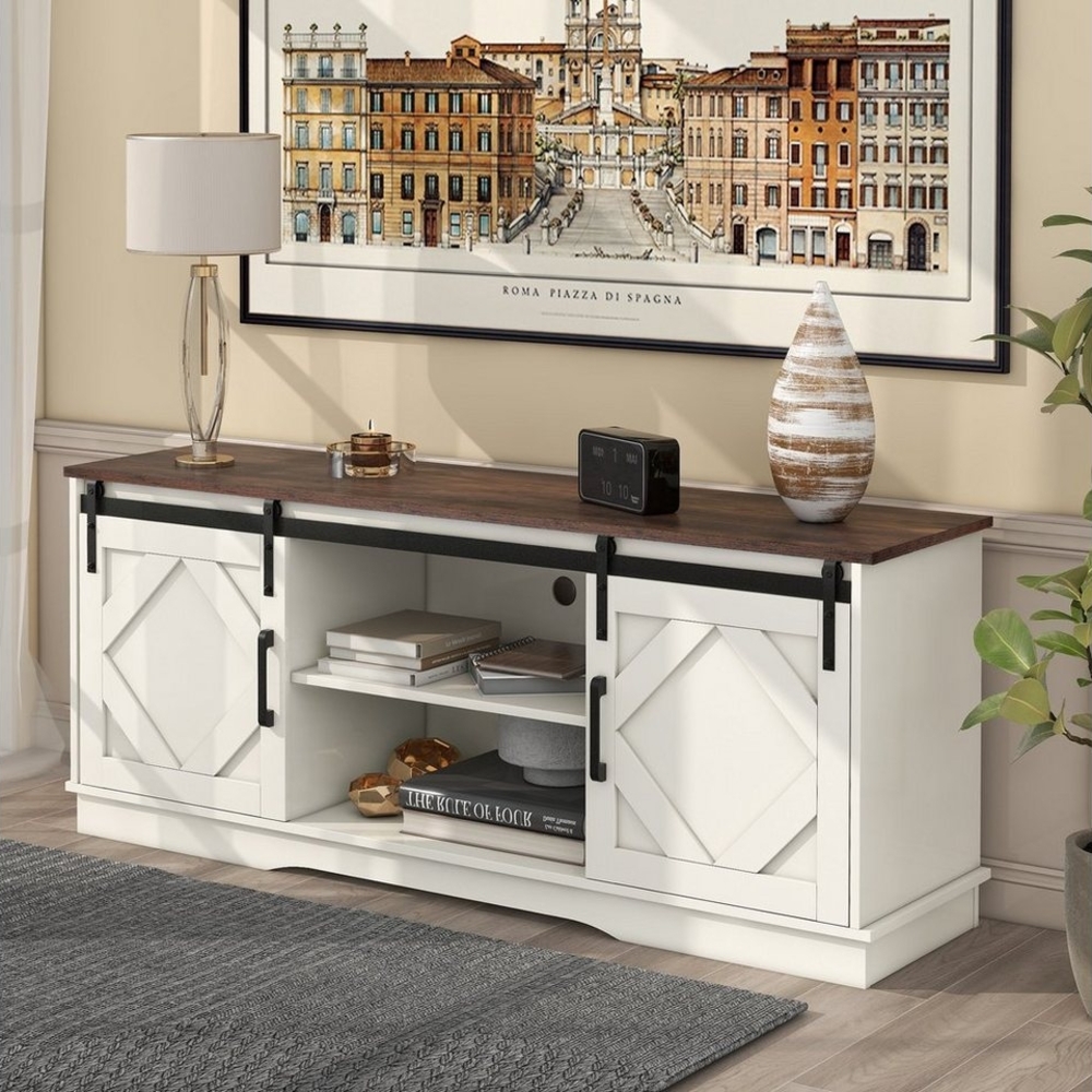 BlingBin TV-Schrank Sideboard Lowboard für Wohnzimmer Esszimmer weiß (mit 2 klassischen Schiebetüren, Einstellbare Regale) Overall Dimension 150*40*60cm( LxWxH) Bild 1