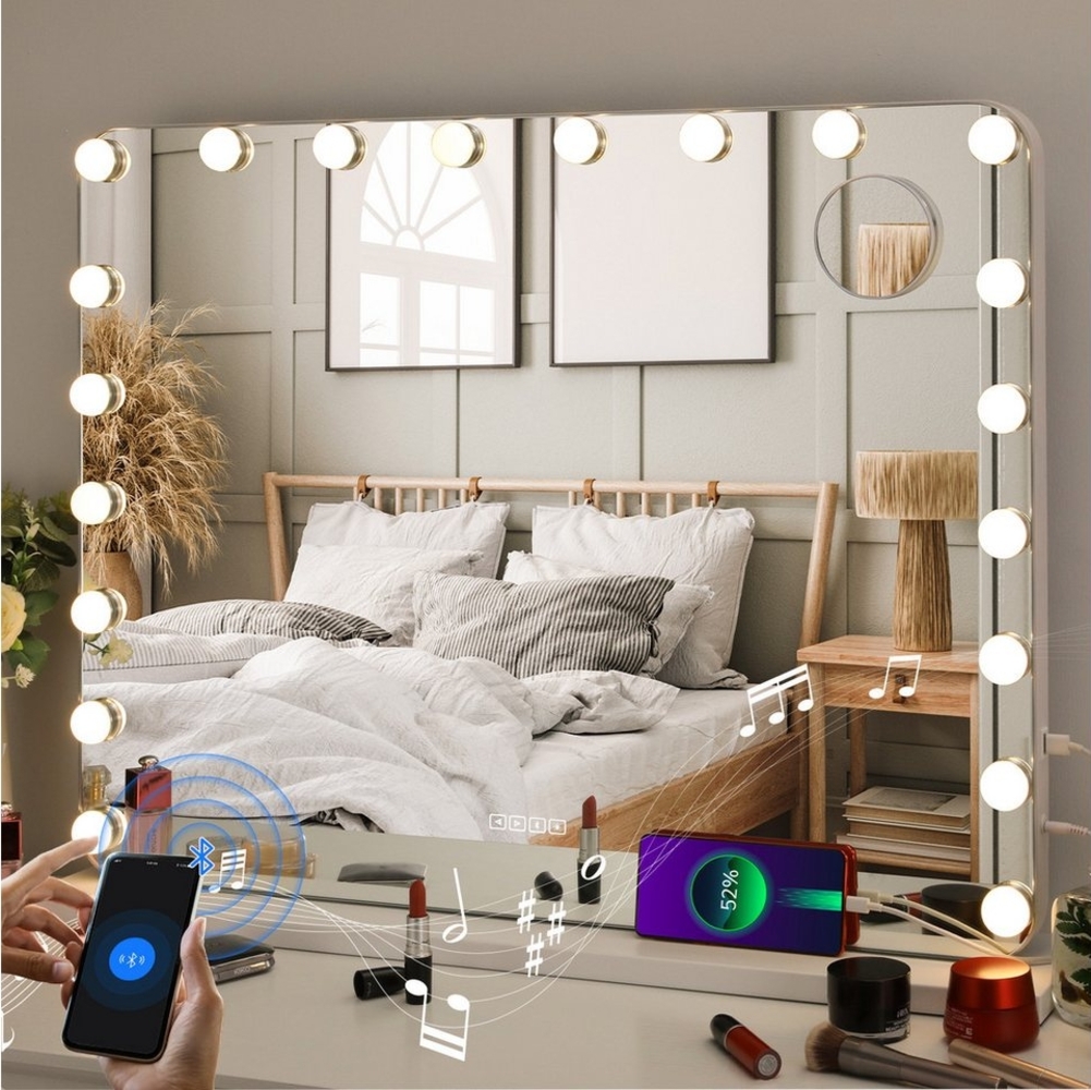 TLGREEN Schminkspiegel Bluetooth Schminkspiegel mit Beleuchtung, (80x60 cm Groß Hollywood Spiegel mit Licht,Kosmetikspiegel mit 3 Lichtfarben, 20 Dimmer LED Leuchten, Musik Lautsprecher), USB, 10x Lupe,Wandspiegel Bild 1