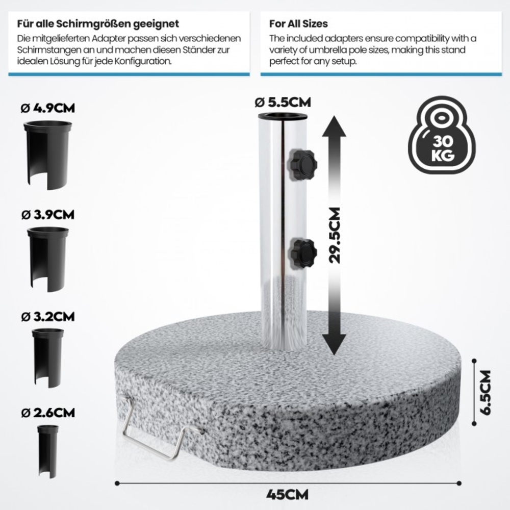 anaterra® Sonnenschirmständer - Granit, 30 kg, Rund, mit Rollen und Griff, Edelstahl - Schirmständer, Sonnenschirmsockel, Ständer für Sonnenschirm, Balkon, Terasse, Garten, Outdoor Bild 1