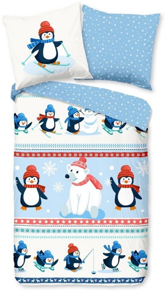 Traumschloss Bettwäsche Comfort Baumwolle, Flanell, 2 teilig, Pinguine und Eisbär im Winterland, Schneeflocken Bild 1