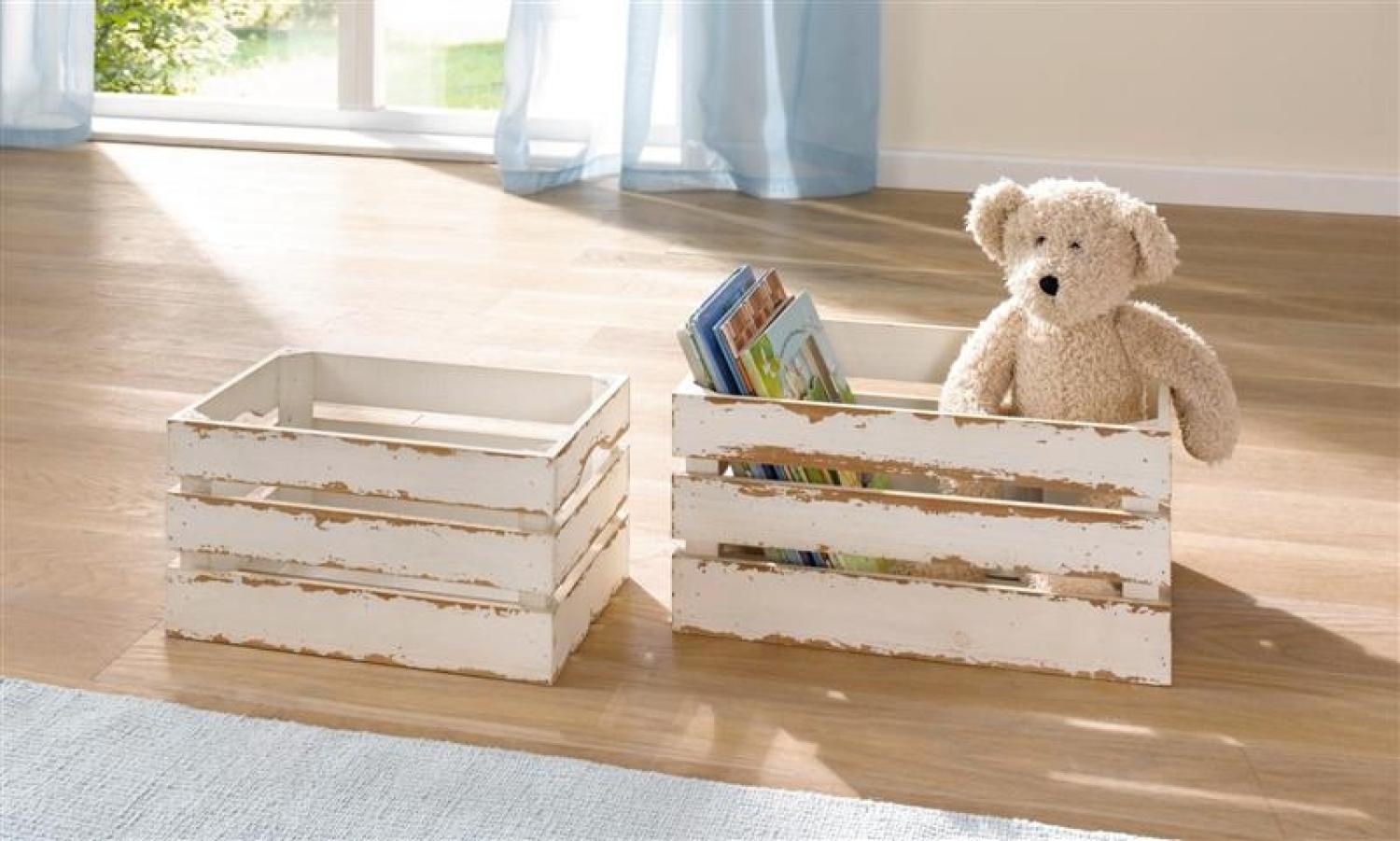 2x Aufbewahrungskiste aus Holz in creme weiß, im Shabby Look, Weinkiste, Wandregal, Holzkiste, Holzstiege Bild 1