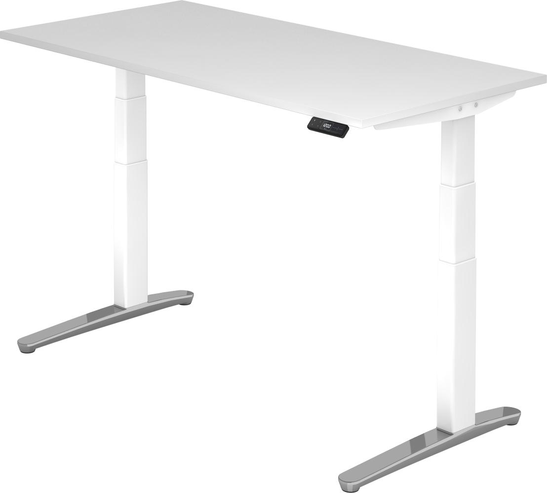 bümö® Sitz- & Stehschreibtisch Serie-XBHM elektrisch höhenverstellbar mit Memoryfunktion, Tischplatte 160 x 80 cm in weiß, Gestell in weiß / aluminium poliert Bild 1