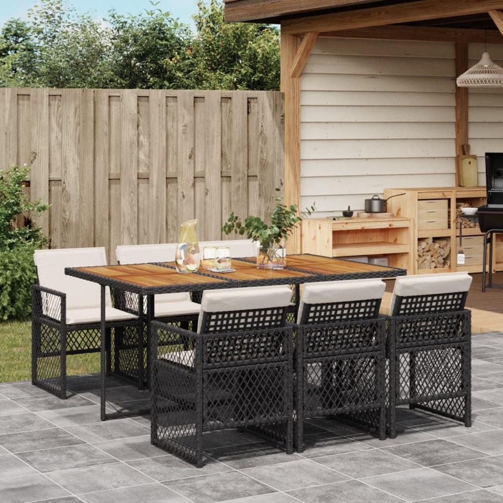 vidaXL 7-tlg. Garten-Essgruppe mit Kissen Schwarz Poly Rattan 3210735 Bild 1