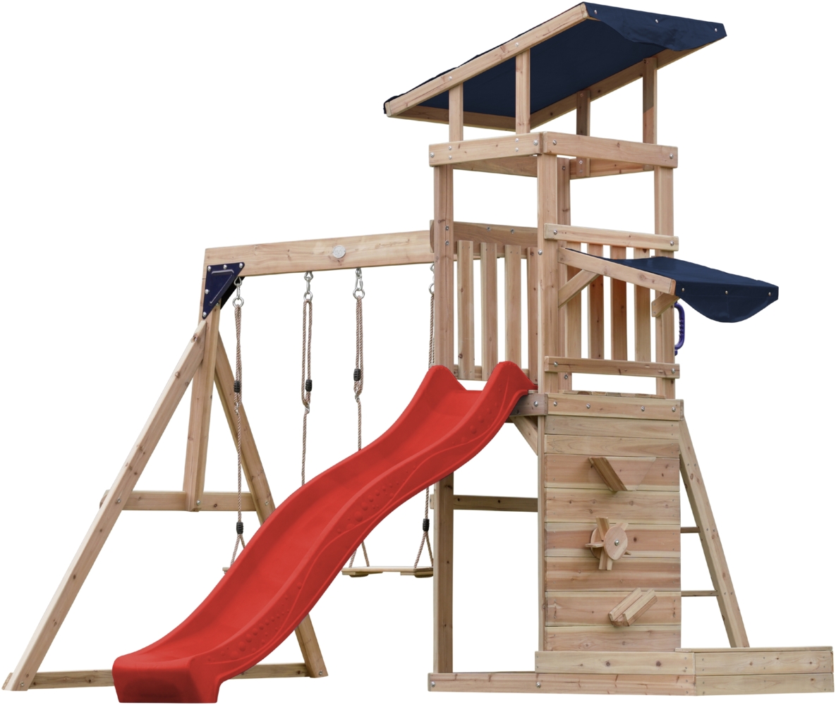 AXI Malik Spielturm aus Holz mit 2 Schaukeln XXL Spielhaus / Spielplatz für Kinder mit Sandkasten, Spielwand & Rutsche in Rot | Braun, Rot | Holz | 336 cm Bild 1