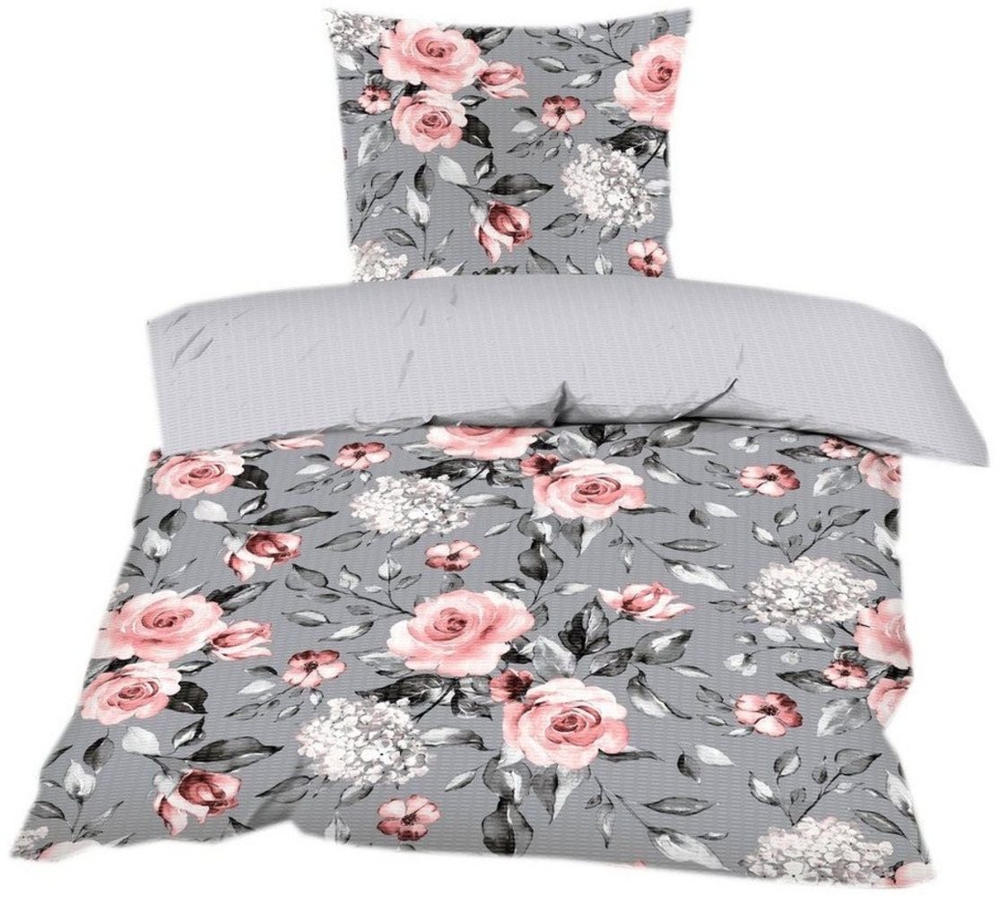 Casa Colori Bettwäsche Seersucker Bettwäsche Garnitur 135x200 Reißverschluss, Seersucker, 2 teilig, in Grau mit Rosenprint romantisch verspielt Bild 1