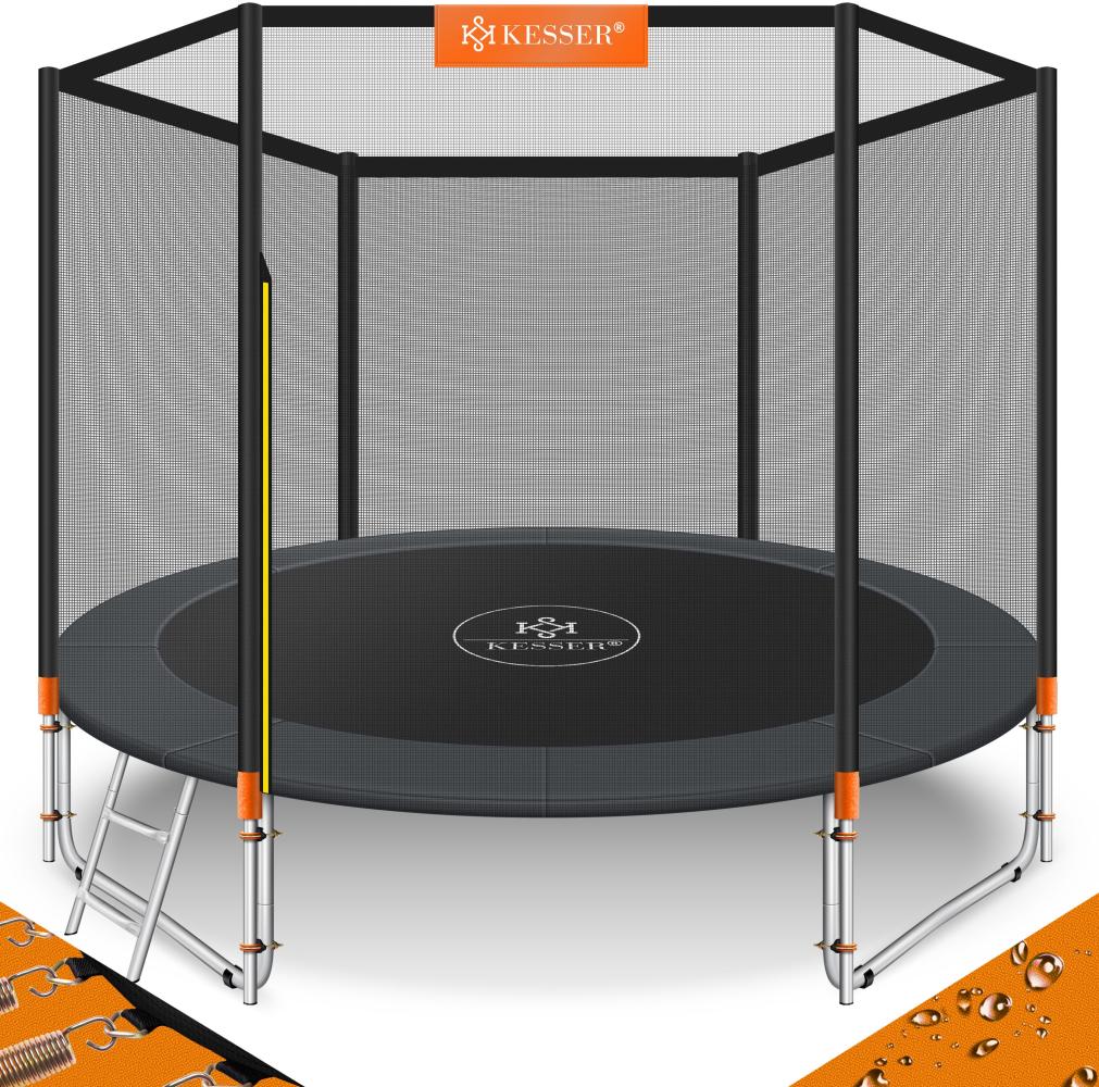 KESSER® - Trampolin | TÜV SÜD GS Zertifiziert | Komplettset mit Sicherheitsnetz, Leiter, Randabdeckung & Zubehör | Kindertrampolin Gartentrampolin Belastbarkeit 150 kg Orange, 244 cm Bild 1